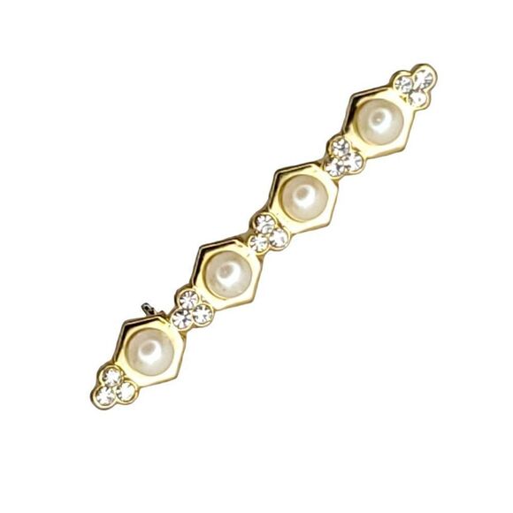 Vintage Art Deco Goldtone Faux Pearl Clear Rhinestone Brooch 2" X 1/2" - Picture 1 of 4